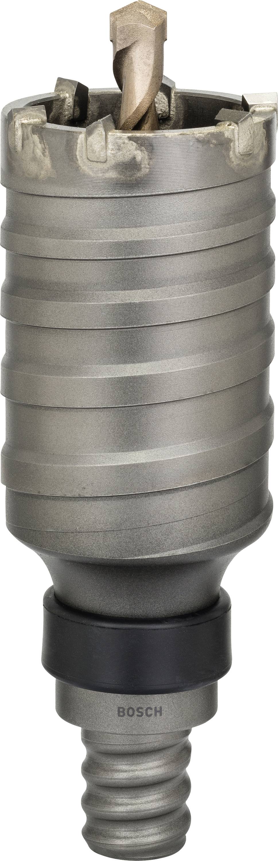 Bohrkrone aus Metall mit spiralförmigem Kopf, geeignet für schwere Bohrarbeiten, Herstellername am unteren Teil sichtbar.