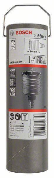 Grauer Zylinder mit rotem 'Bosch'-Logo. Zeigt 55mm Bohrkopf mit SDS-Aufnahme, technischen Details und Icons für Kompatibilität.