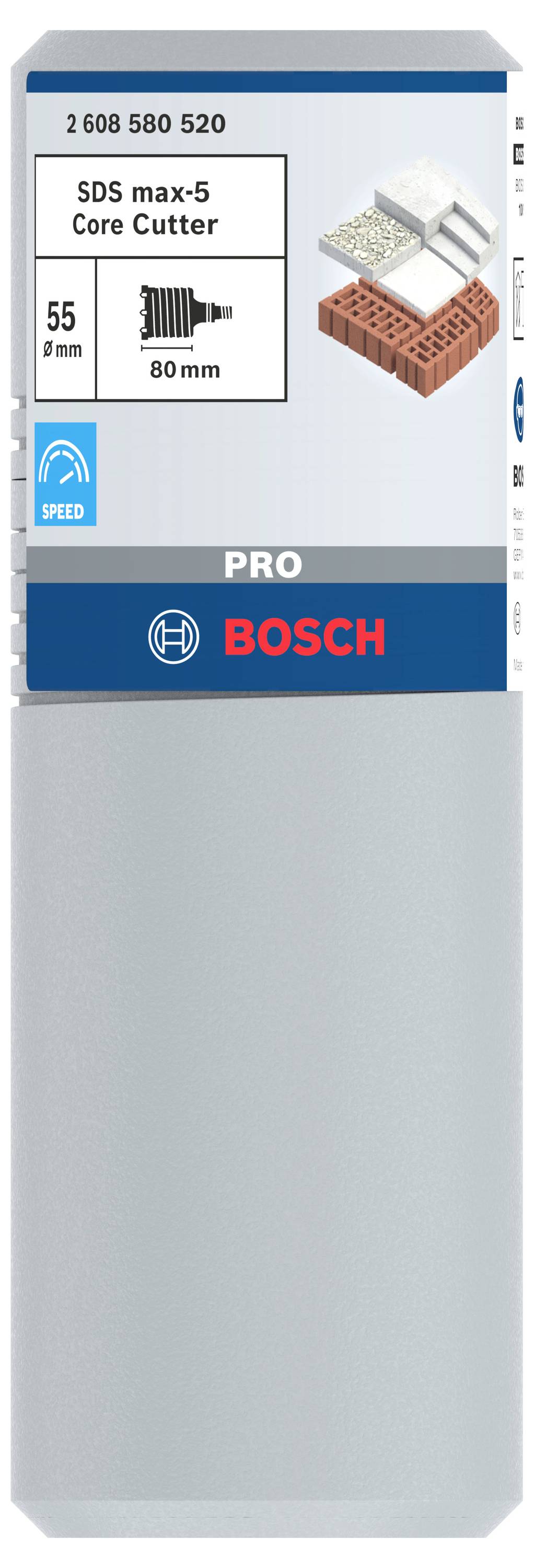 Verpackung eines Bosch SDS max-5 Kernbohrers. Zeigt Bohrerbild, Durchmesser 55 mm, Länge 80 mm. Geeignet für Mauerwerk.