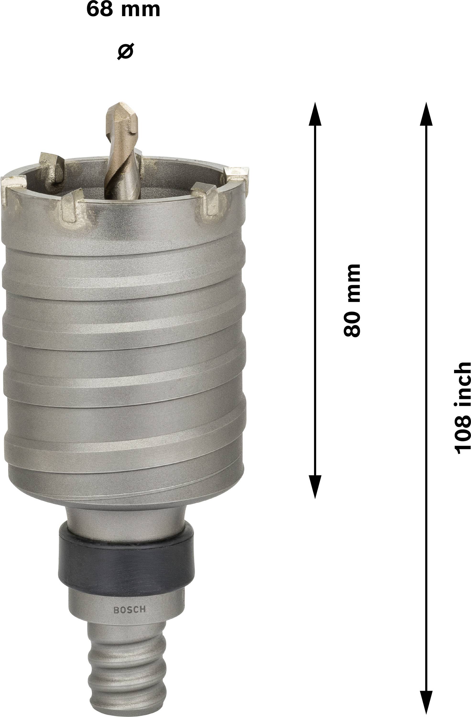 Bimetall-Lochsäge mit 68 mm Durchmesser und 80 mm Länge. Auf der rechten Seite sind Maße in Millimetern und Zoll dargestellt.