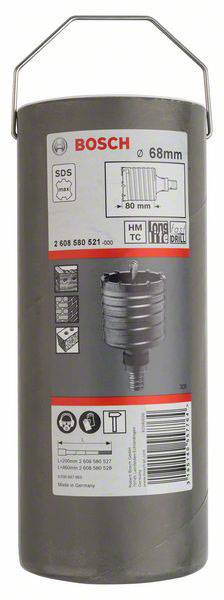 Grauer Zylinderbohrer mit Bosch-Logo. Etikett zeigt technische Spezifikationen: Durchmesser 68 mm, SDS-Aufnahme und Materialangaben.