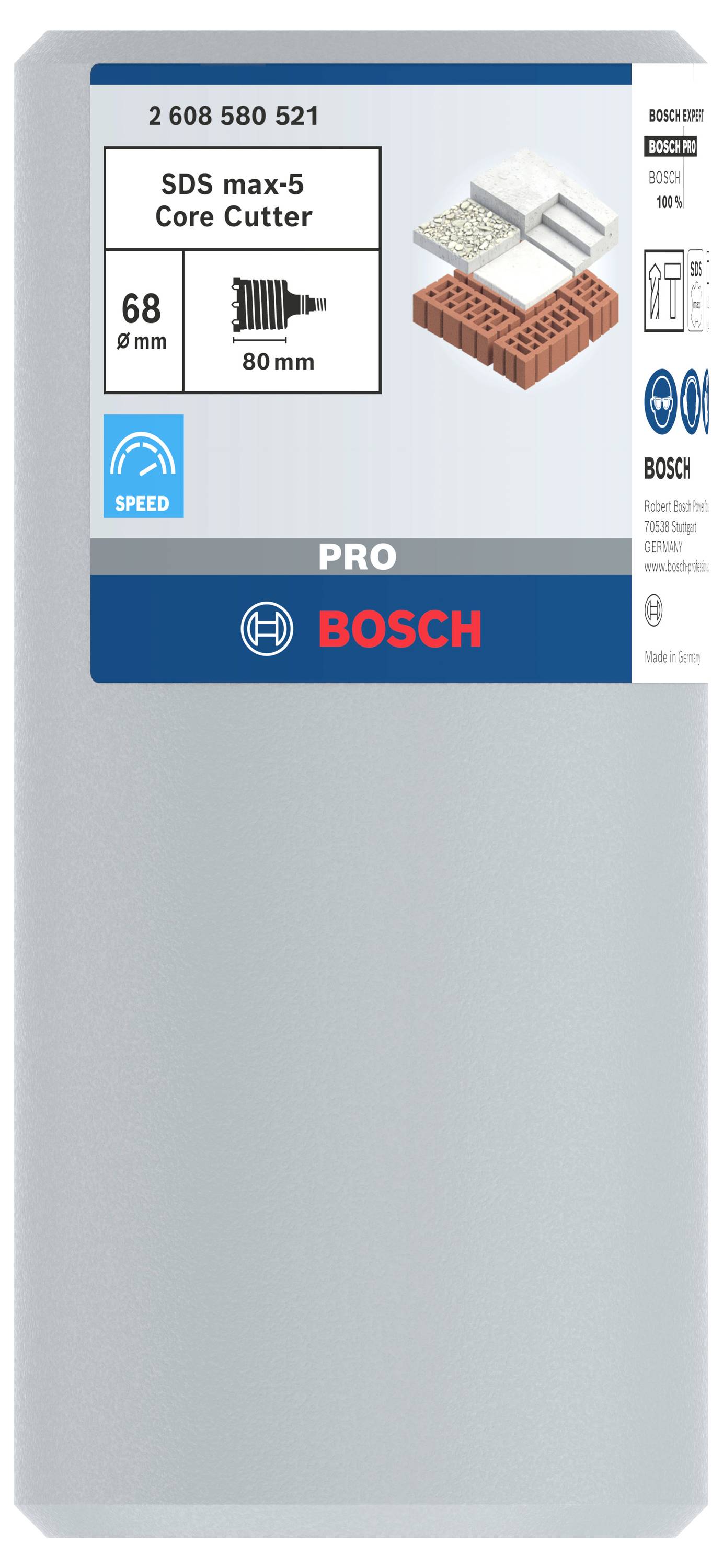 Verpackung eines SDS max-5 Kernbohrers von Bosch. Zeigt Anwendungsbeispiele: Beton, Ziegelstein. Durchmesser: 68mm, Länge: 80mm.