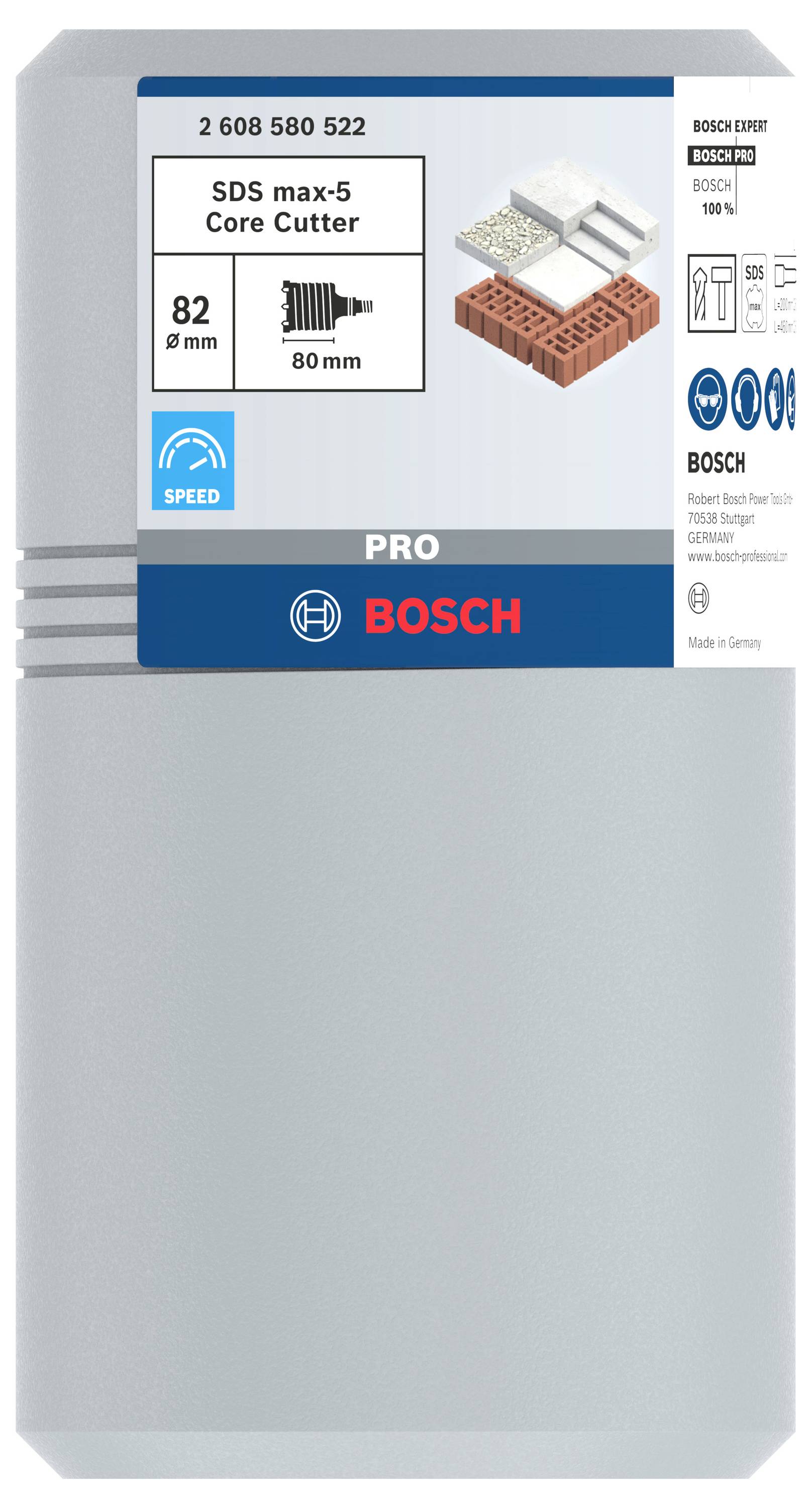 Bosch SDS max-5 Kernbohrer, 82 mm Durchmesser, 80 mm Tiefe, geeignet für Beton und Ziegel.