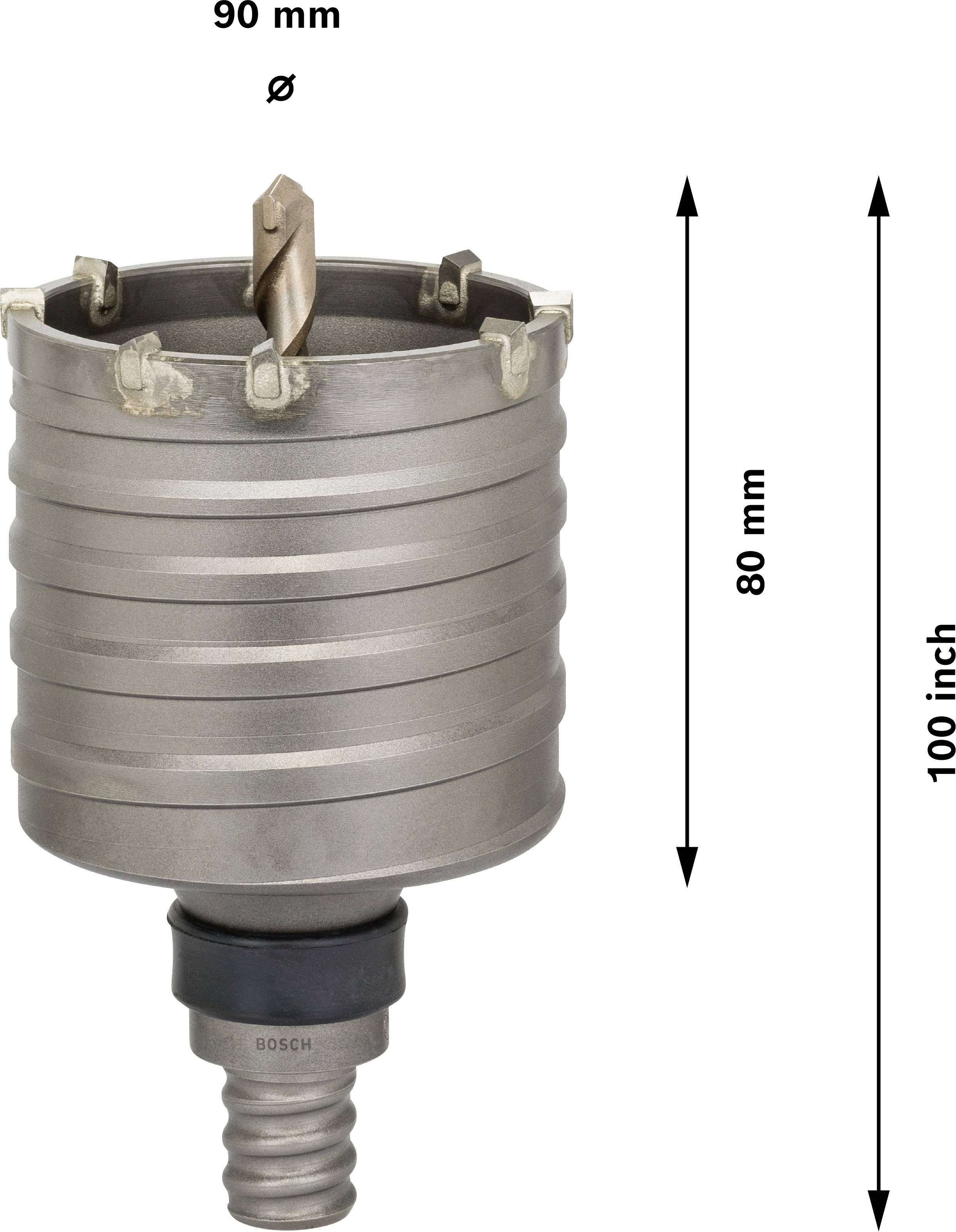 Metall-Lochsäge, 90 mm Durchmesser und 80 mm Tiefe, mit Bohrspitze in der Mitte. Maße in Zoll und Millimeter angegeben.