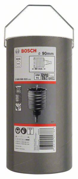 Diese Bosch Bohrkrone, 90mm Durchmesser, mit SDS-System, ist für Mauerwerk geeignet. Verpackt in Kunststoffzylinder mit Metallgriff.