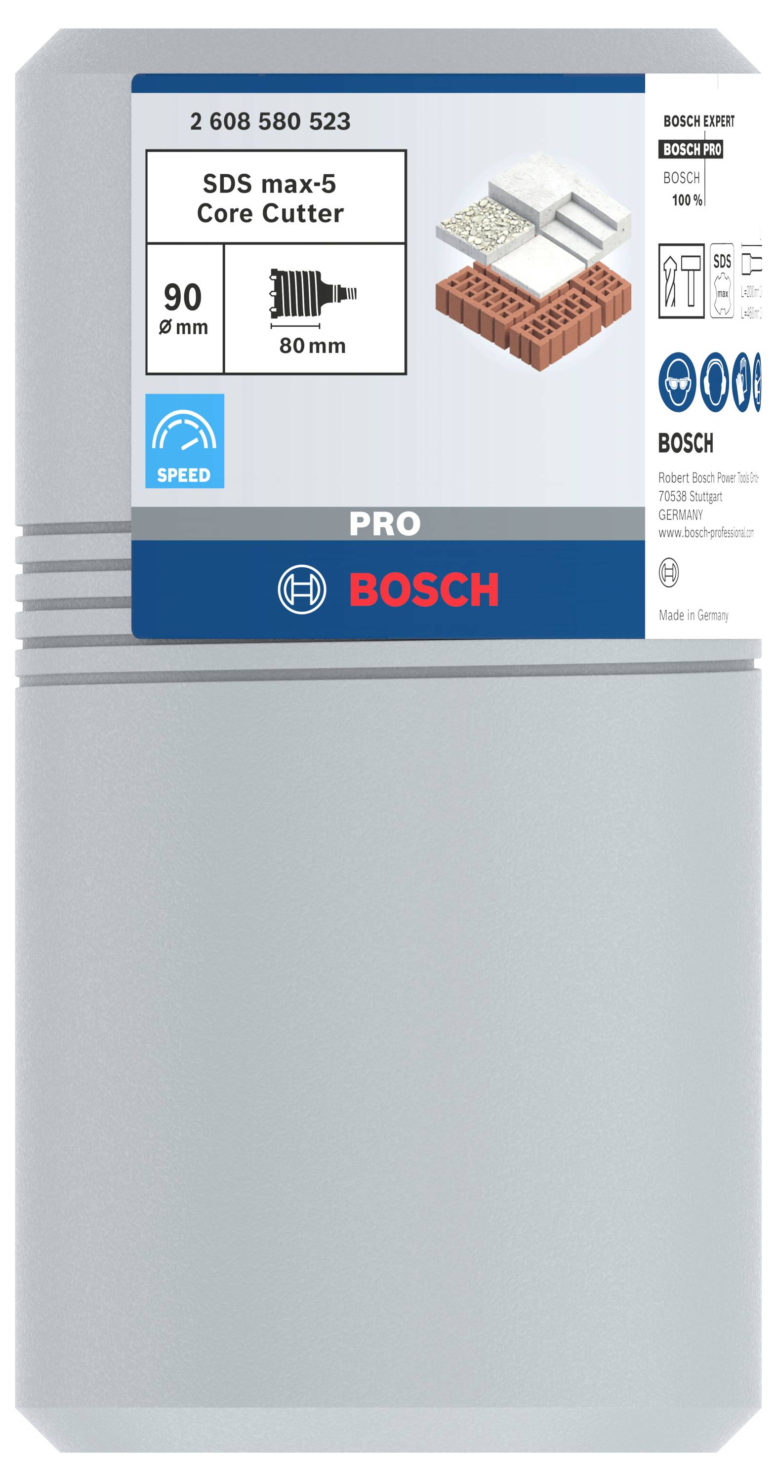 Verpackung eines SDS max-5 Kernbohrers von Bosch für Mauerwerk. Durchmesser 90 mm, Länge 80 mm. Langlebig und schnell. Made in Germany.