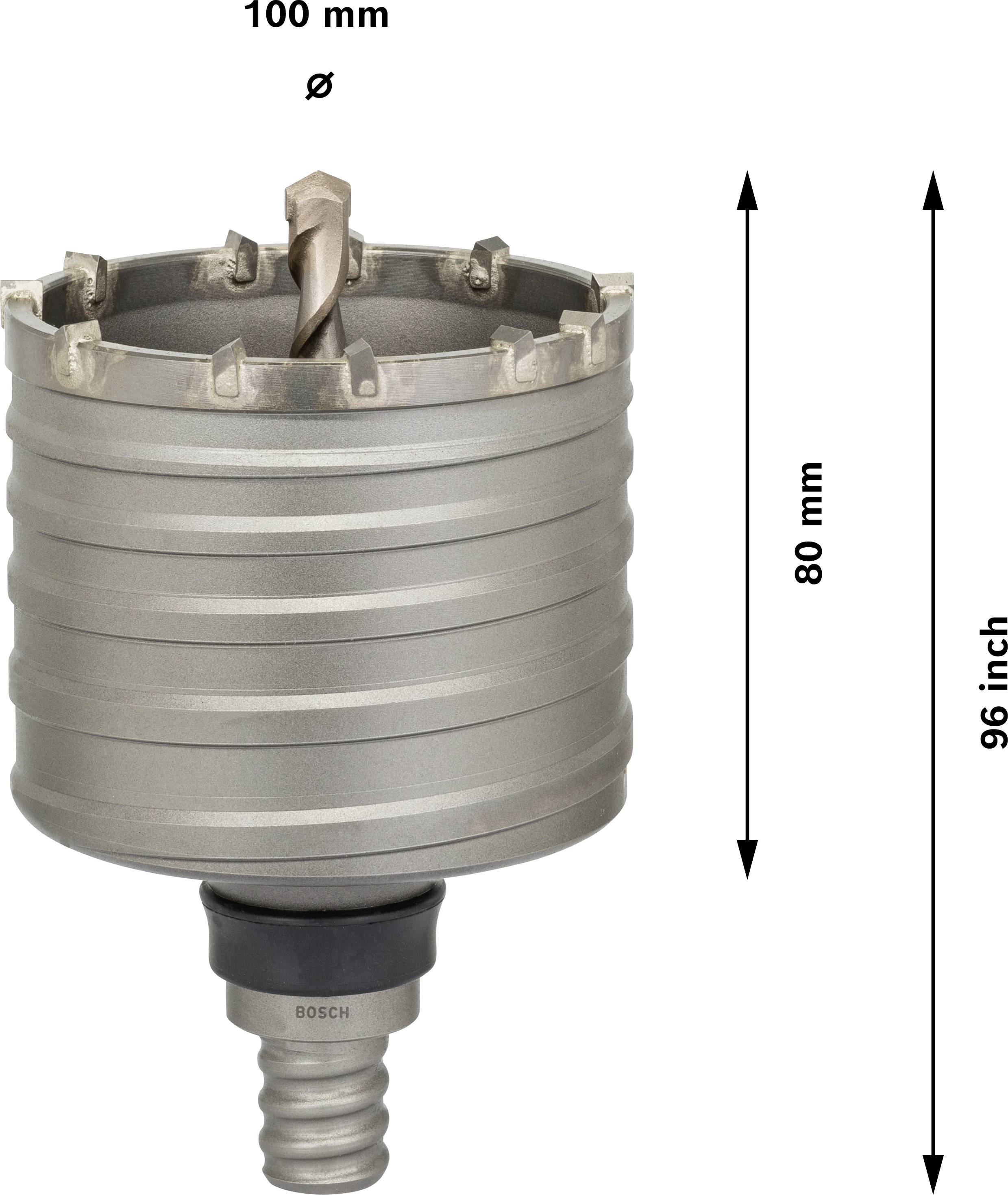 Sägekrone mit 100 mm Durchmesser und 80 mm Höhe. Daneben zwei Pfeile mit Längenangaben: 100 mm Ø und 80 mm, sowie '96 inch'.