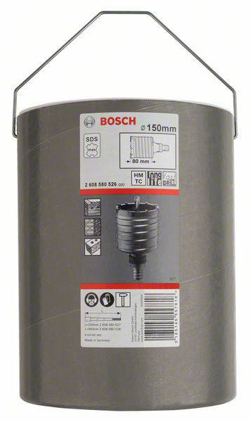 Bohrkrone von Bosch, 150 mm Durchmesser, mit SDS-Verbindung. Geeignet für Beton und Mauerwerk, abgebildet mit Verpackung.