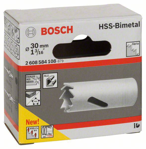 Eine Bosch HSS-Bimetall-Lochsäge in einer grauen Verpackung. Durchmesser: 30 mm. Geeignet für Holz, Metall und PVC.