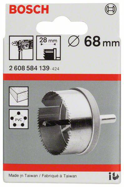 Verpackung für Bosch Lochsäge, 68 mm Durchmesser, zum Schneiden in PVC, hergestellt in Taiwan.
