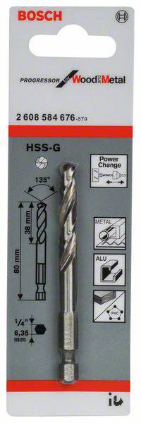 Bosch HSS-G Spiralbohrer für Holz und Metall, 6,35 mm, mit Schnellwechsel-Schaft und 135° Spitze. Verpackung mit Produktdetails.