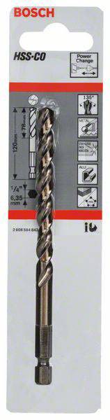 'Bosch 7/32 Zoll Metallbohrer HSS-CO' in Verpackung. Geeignet für Stahl und Edelstahl, mit sechseckigem Schaft.