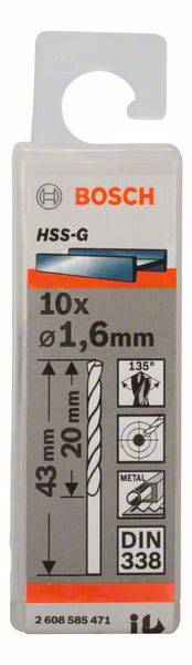 Verpackung für Bosch HSS-G Metallbohrer, 10 Stück, Durchmesser 1,6 mm. Länge: 43 mm, Schneidenwinkel 135°, Norm DIN 338.