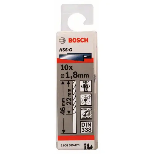 Bosch Accessories 2608585473 HSS Metall-Spiralbohrer 1.8mm Gesamtlänge 46mm geschliffen DIN 338 Zylinderschaft 10St. Bosch Accessories 2608585473 HSS Metall-Spiralbohrer 1.8mm Gesamtlänge 46mm geschliffen DIN 338 Zylinderschaft 10St.