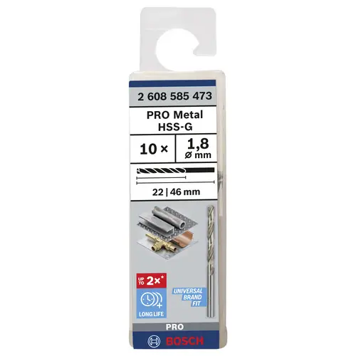 Bosch Accessories 2608585473 HSS Metall-Spiralbohrer 1.8mm Gesamtlänge 46mm geschliffen DIN 338 Zylinderschaft 10St. Bosch Accessories 2608585473 HSS Metall-Spiralbohrer 1.8mm Gesamtlänge 46mm geschliffen DIN 338 Zylinderschaft 10St.
