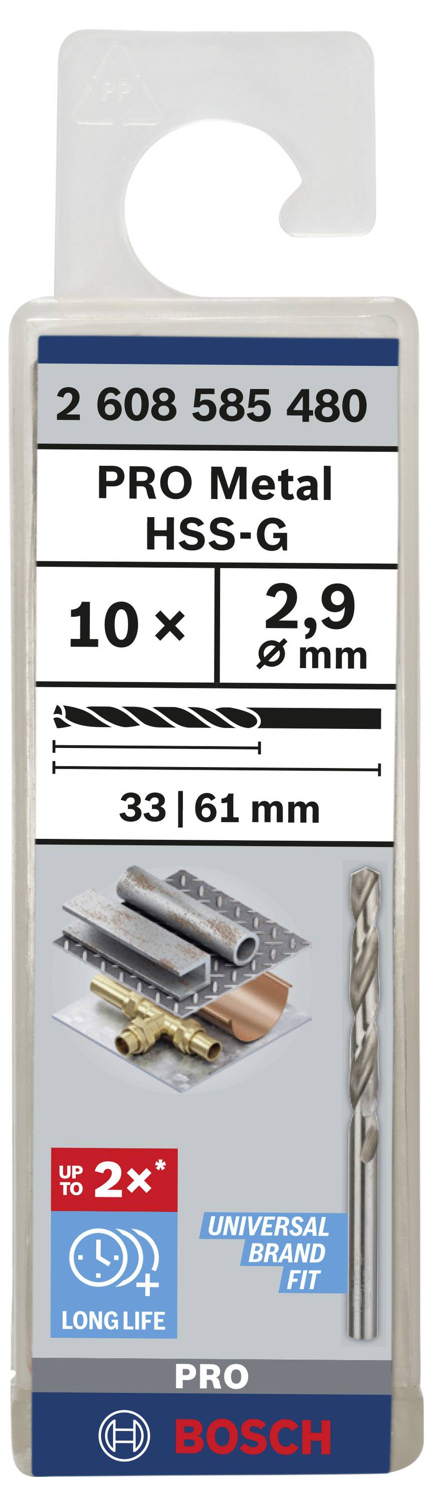 Bosch Accessories 2608585480 HSS Metall-Spiralbohrer 2.9mm Gesamtlänge 61mm geschliffen DIN 338 Zylinderschaft 10St.