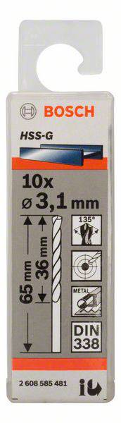 Bosch Accessories 2608585481 HSS Metall-Spiralbohrer 3.1mm Gesamtlänge 65mm geschliffen DIN 338 Zylinderschaft 10St.