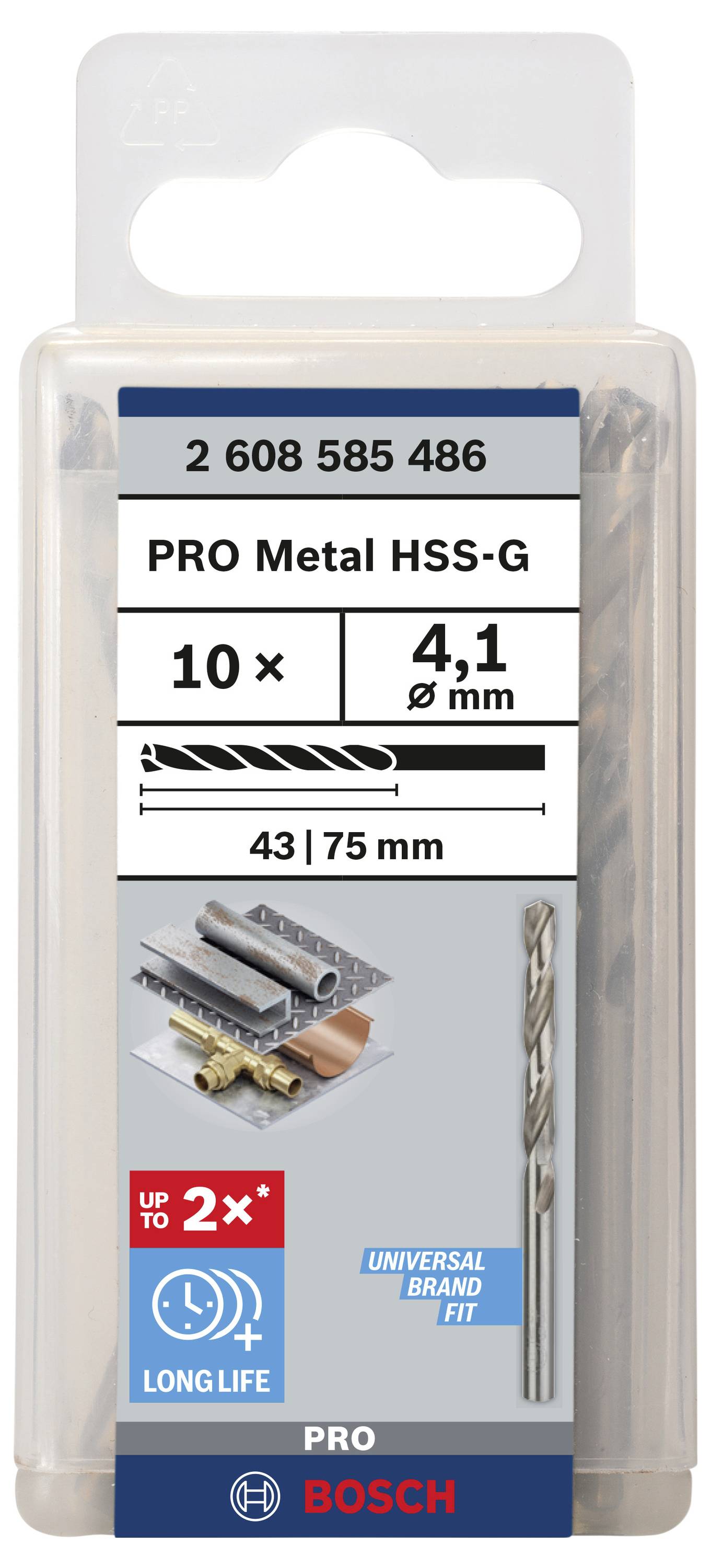 Bosch Accessories 2608585486 HSS Metall-Spiralbohrer 4.1mm Gesamtlänge 75mm geschliffen DIN 338 Zylinderschaft 10St.