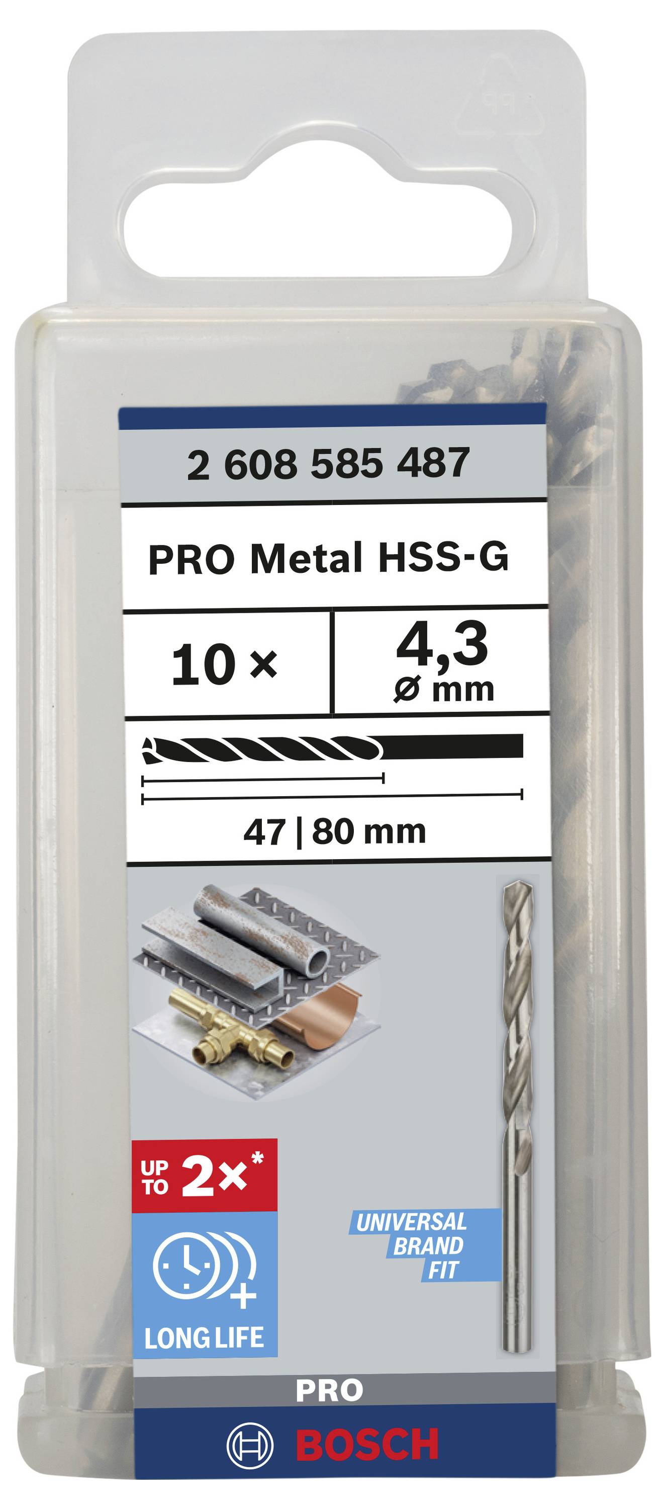 Bohrer-Set von Bosch für Metall, 10 Stück, 4,3 mm Durchmesser, HSS-G für längere Lebensdauer, geeignet für verschiedene Marken.