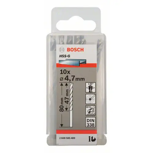 Bosch Accessories 2608585489 HSS Metall-Spiralbohrer 4.7mm Gesamtlänge 80mm geschliffen DIN 338 Zylinderschaft 10St. Bosch Accessories 2608585489 HSS Metall-Spiralbohrer 4.7mm Gesamtlänge 80mm geschliffen DIN 338 Zylinderschaft 10St.