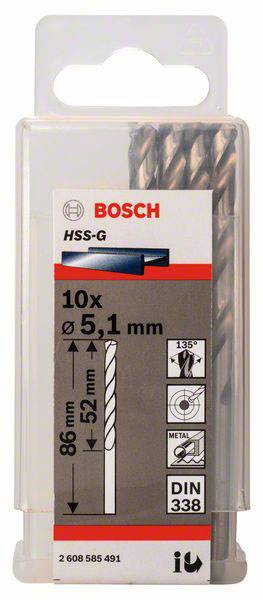 Bosch Accessories 2608585491 HSS Metall-Spiralbohrer 5.1mm Gesamtlänge 86mm geschliffen DIN 338 Zylinderschaft 10St.
