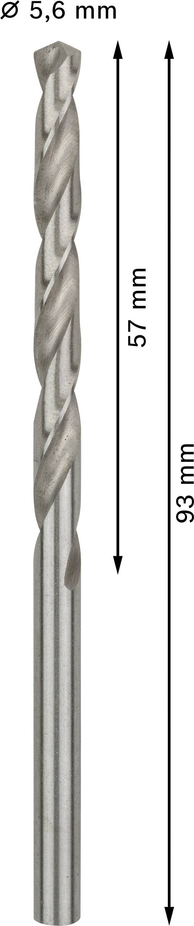 Metallbohrer mit einem Durchmesser von 5,6 mm. Gesamtlänge 93 mm, Schneidenlänge 57 mm. Geeignet für präzises Bohren in Metall.