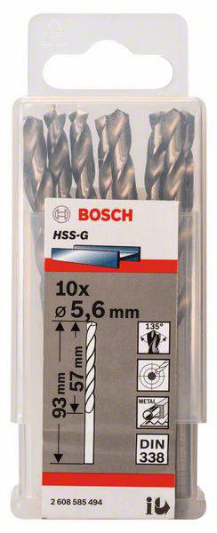 Bosch HSS-G Metallbohrer-Set, 10 Stück, Durchmesser 5,6 mm, Länge 93 mm, verwendbar für Metall, DIN 338 Standard.