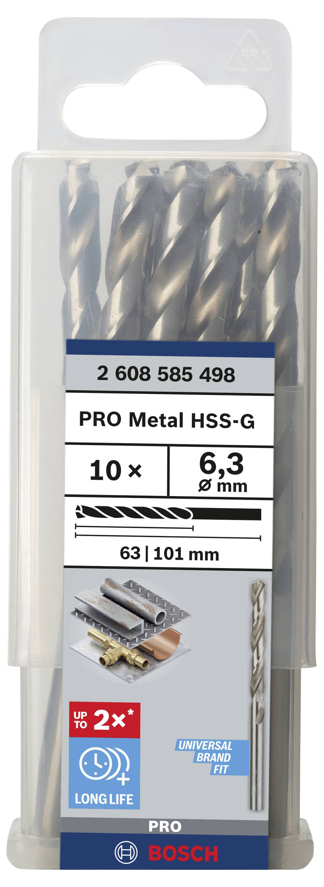 Bosch Accessories 2608585498 HSS Metall-Spiralbohrer 6.3mm Gesamtlänge 101mm geschliffen DIN 338 Zylinderschaft 10St.