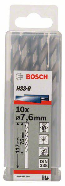 Bosch Accessories 2608585504 HSS Metall-Spiralbohrer 7.6mm Gesamtlänge 117mm geschliffen DIN 338 Zylinderschaft 10St.
