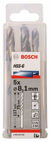 Bosch Accessories 2608585508 HSS Metall-Spiralbohrer 8.1mm Gesamtlänge 117mm geschliffen DIN 338 Zylinderschaft 5St.