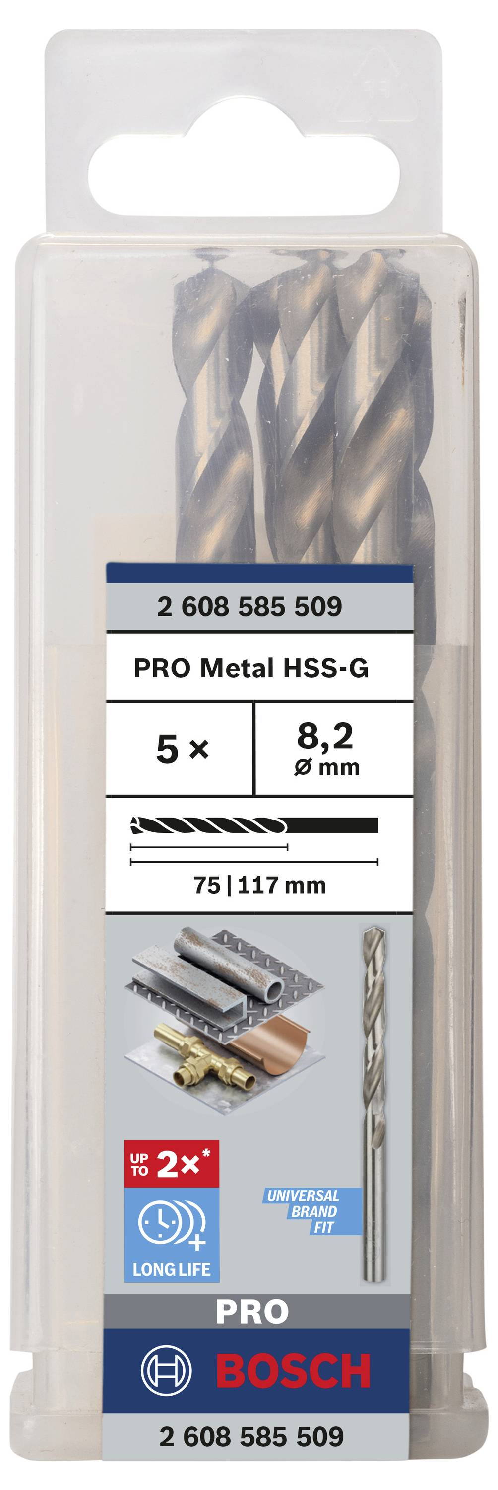 Bosch Accessories 2608585509 HSS Metall-Spiralbohrer 8.2mm Gesamtlänge 117mm geschliffen DIN 338 Zylinderschaft 5St.