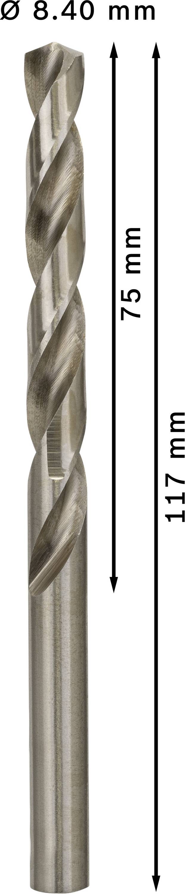 Metallbohrer mit einem Durchmesser von 8,40 mm. Gesamtlänge 117 mm, Schneidlänge 75 mm.
