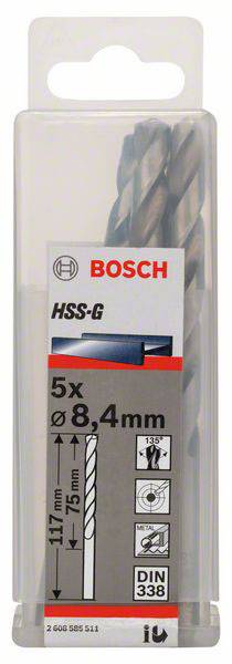 Bohrer-Set von Bosch in Verpackung, enthält fünf HSS-G-Bohrer mit einem Durchmesser von 8,4 mm und einer Länge von 117 mm.