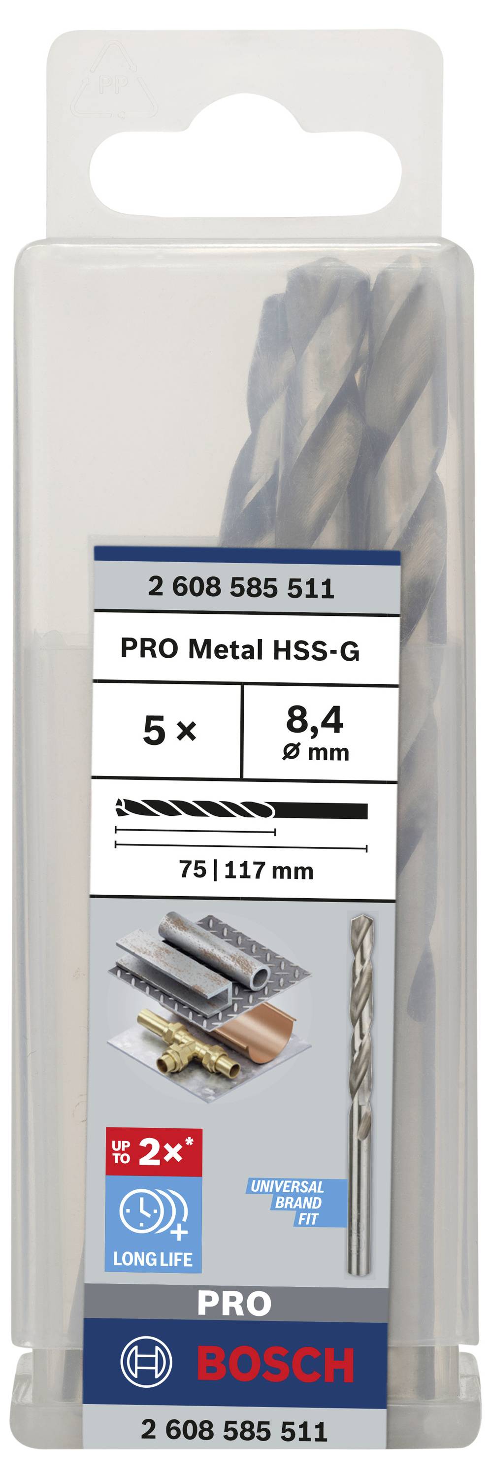 Bohrerpackung von Bosch: Enthält 5 Metallbohrer, Typ HSS-G, Durchmesser 8,4 mm, Länge 75/117 mm. Geeignet für Metallbearbeitung.