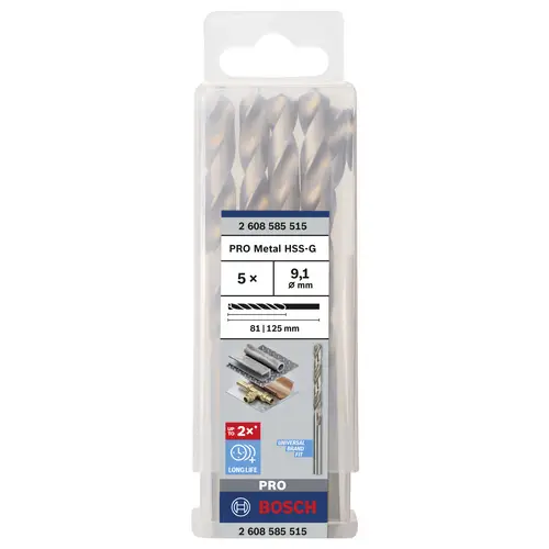 Bosch Accessories 2608585515 HSS Metall-Spiralbohrer 9.1mm Gesamtlänge 125mm geschliffen DIN 338 Zylinderschaft 5St. Bosch Accessories 2608585515 HSS Metall-Spiralbohrer 9.1mm Gesamtlänge 125mm geschliffen DIN 338 Zylinderschaft 5St.