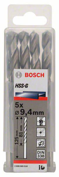 Verpackung mit fünf Bosch HSS-G Spiralbohrern, Durchmesser 9,4 mm, Länge 125 mm. Geeignet für Stahlbohren gemäß DIN 338.