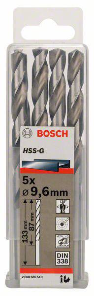 Bosch Accessories 2608585519 HSS Metall-Spiralbohrer 9.6mm Gesamtlänge 133mm geschliffen DIN 338 Zylinderschaft 5St.
