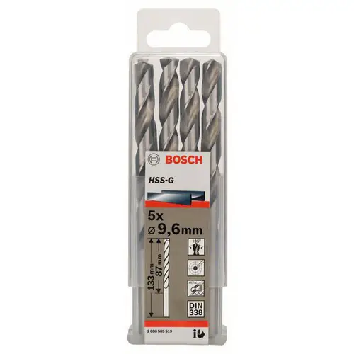 Bosch Accessories 2608585519 HSS Metall-Spiralbohrer 9.6mm Gesamtlänge 133mm geschliffen DIN 338 Zylinderschaft 5St. Bosch Accessories 2608585519 HSS Metall-Spiralbohrer 9.6mm Gesamtlänge 133mm geschliffen DIN 338 Zylinderschaft 5St.