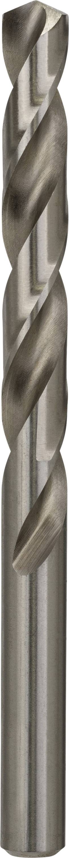 Abgebildet ist ein silberner Spiralbohrer aus Metall, vertikal positioniert.