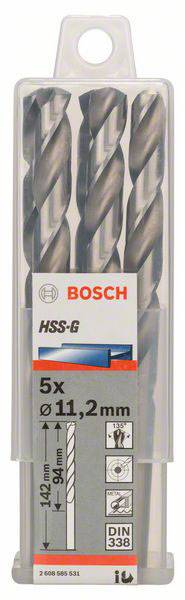 Verpackung mit fünf Bosch-Spiralbohrern, HSS-G, Durchmesser 11,2 mm, Länge 142 mm, für Metallbearbeitung, nach DIN 338 Norm.