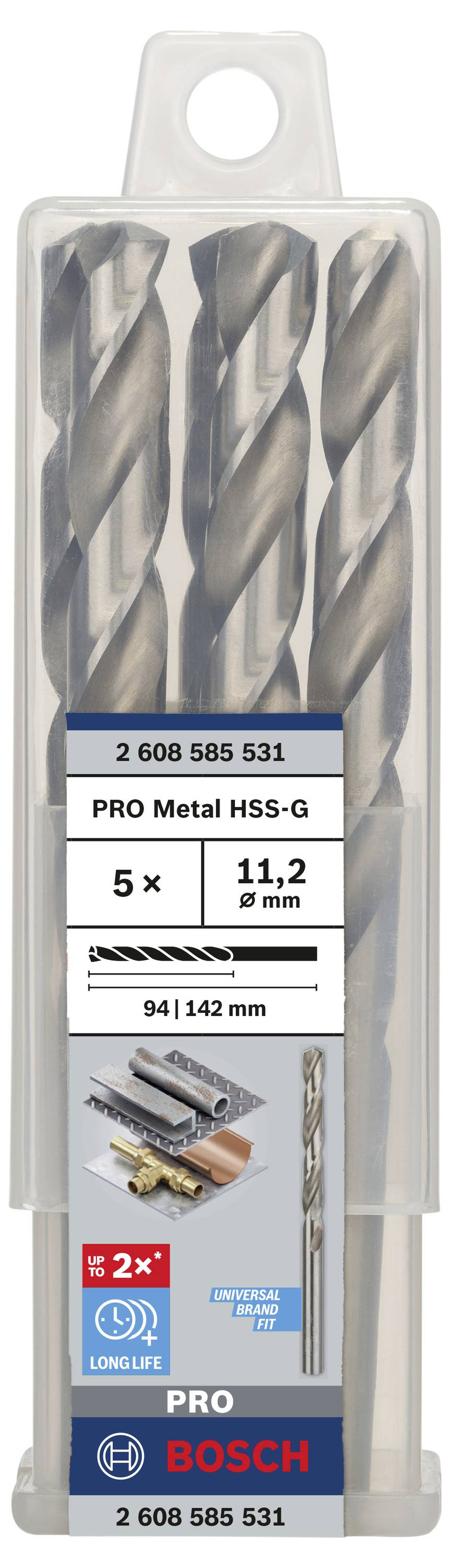 Bohrer-Set mit fünf HSS-G Metallbohrern von Bosch, Durchmesser 11,2 mm. Verpackung zeigt Anwendungen: Metall, Kupfer.