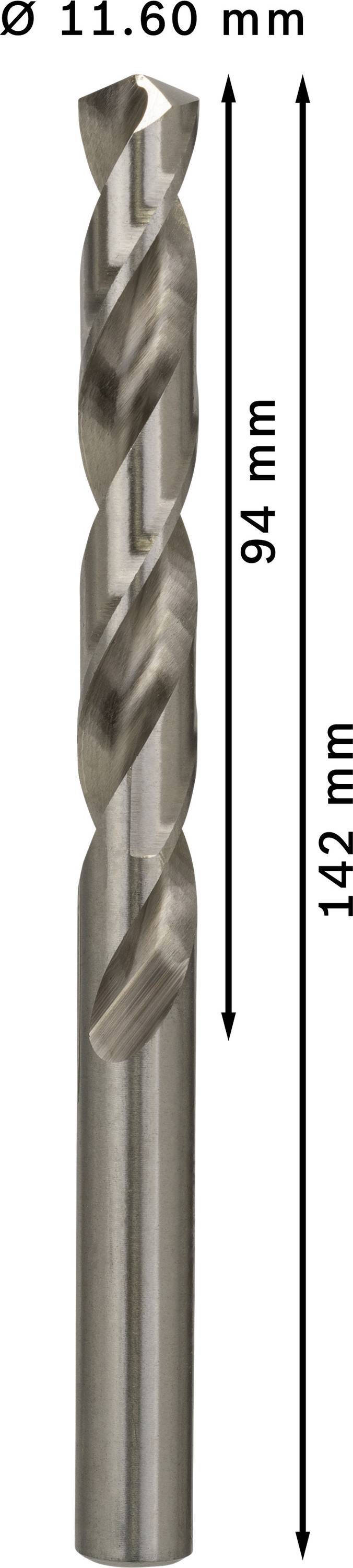 Bohrer mit 11,60 mm Durchmesser. Gesamtlänge 142 mm, Schneidlänge 94 mm.