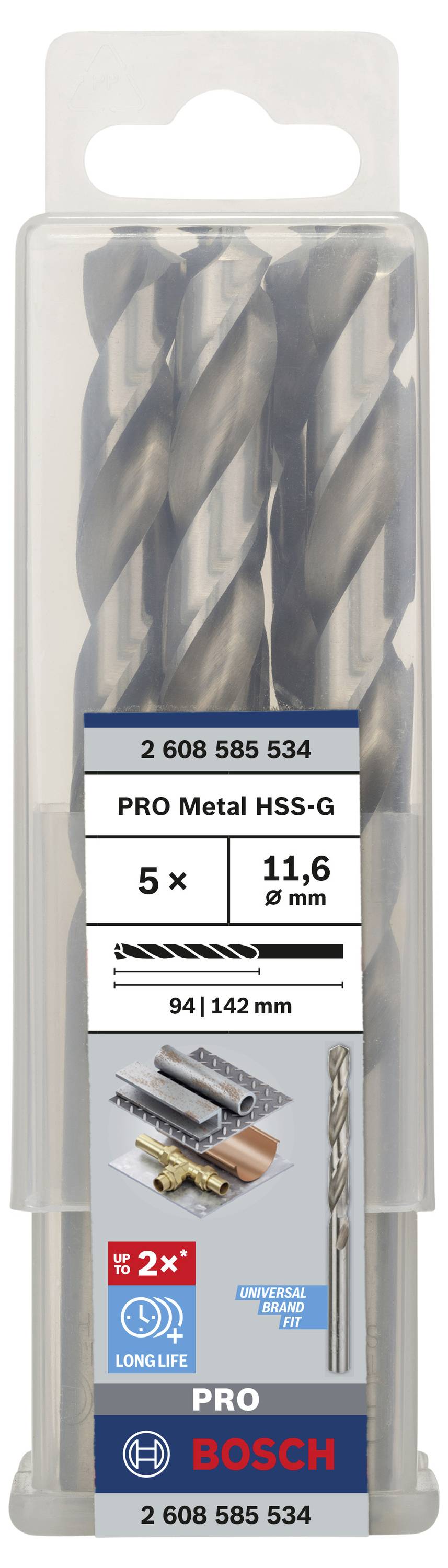 Ein Set aus fünf Bosch Metallbohrern, Größe 11,6 mm, ideal für präzises Bohren in Metall. Verpackung zeigt Bohrer und Anwendungsbeispiele.