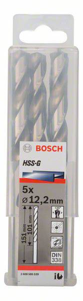 Verpackung mit 5 Bosch HSS-G Bohrern, Durchmesser 12,2 mm, Länge 151 mm, DIN 338.