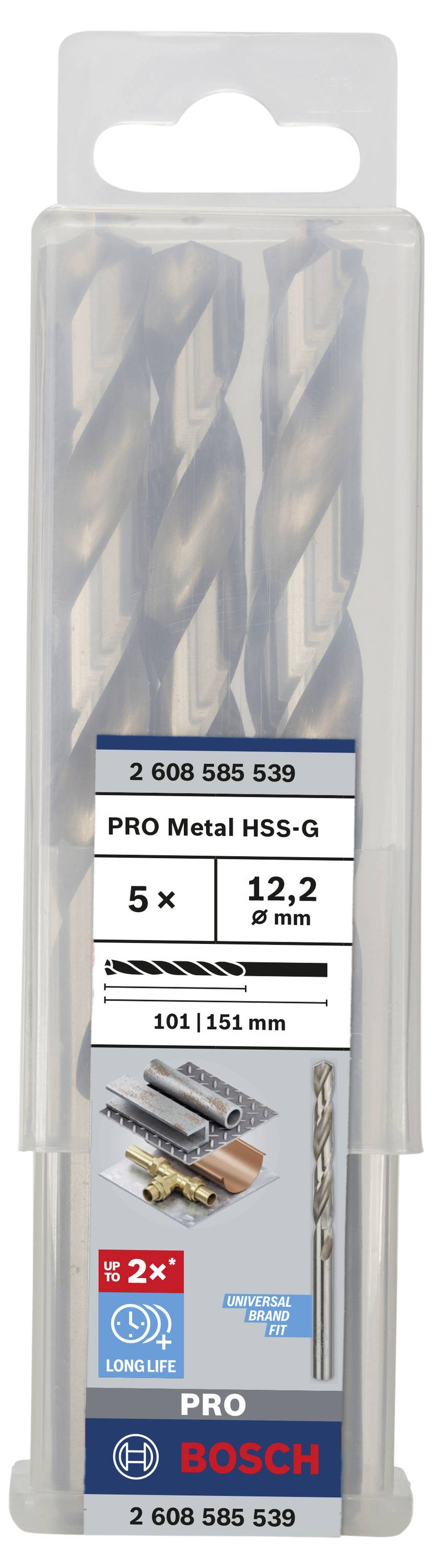 5er-Set Bosch HSS-G Metallbohrer, 12,2 mm Durchmesser, langlebig, in Kunststoffbox. Abgebildet: Bohrer und kompatible Materialien.