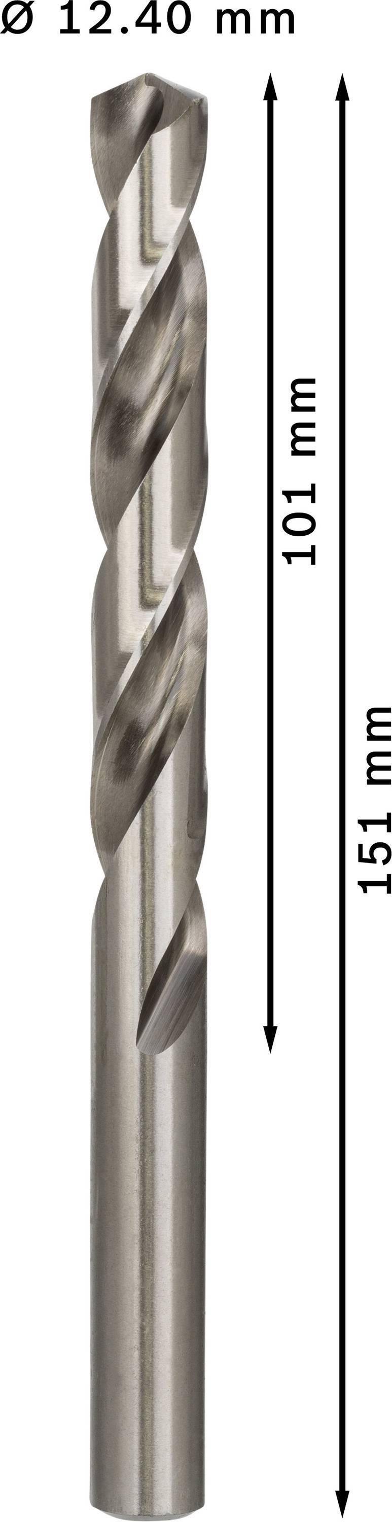 Bohrer mit Durchmesser 12,40 mm, Gesamtlänge 151 mm, Schneidenlänge 101 mm.