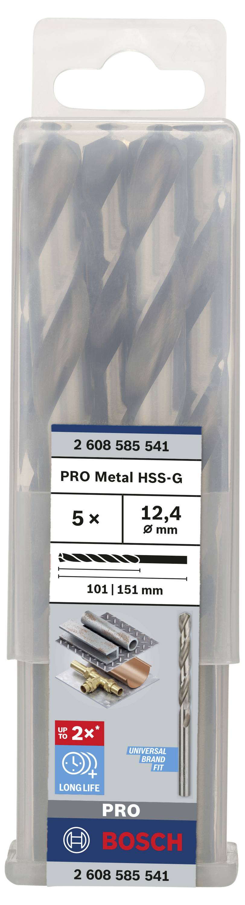 Set mit 5 Bosch PRO Metallbohrern, Größe 12,4 mm, Länge 101 mm. Geeignet für Metallbohrungen, langlebig. Artikelnummer: 2 608 585 541.