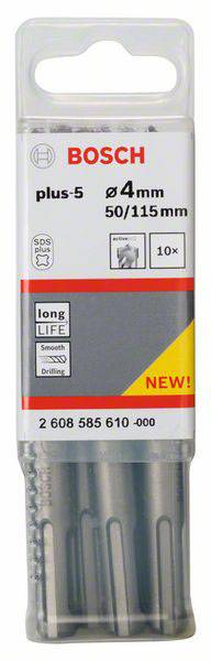 Verpackung von Bosch plus-5 Bohraufsätzen, Durchmesser 4 mm, Länge 115 mm, 10 Stück. Geeignet für Beton, robuste Lebensdauer.