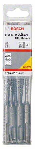 Verpackung mit fünf Bosch Bohrern, Größe 5,5 mm, Länge 100/165 mm. Hervorgehoben sind 'long life' und 'neu'.