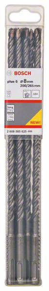 Set mit fünf Bosch-Bohrern, SDS plus-5, für Beton und Stein, Durchmesser 10 mm, Länge 200 mm, verpackt in einer transparenten Box.